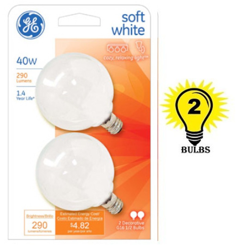 Candelabra Base GE Soft White 40 Watt G16.5 Incandescent Globe 2-Pack