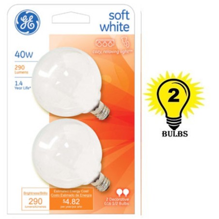 Candelabra Base GE Soft White 40 Watt G16.5 Incandescent Globe 2-Pack
