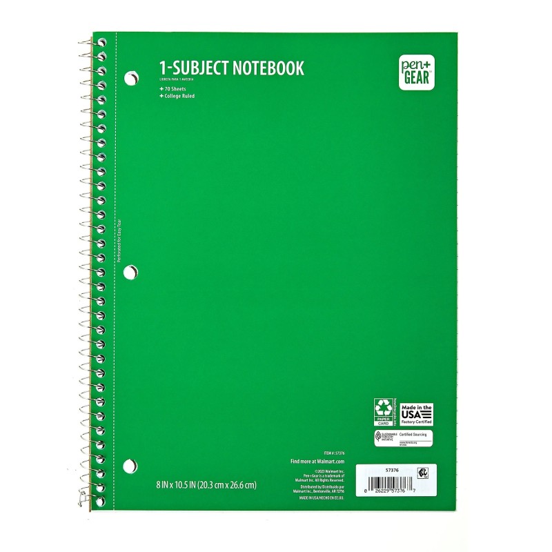 Pen+Gear 1 Subject Spiral Notebook Green College Ruled 70 Sheet
