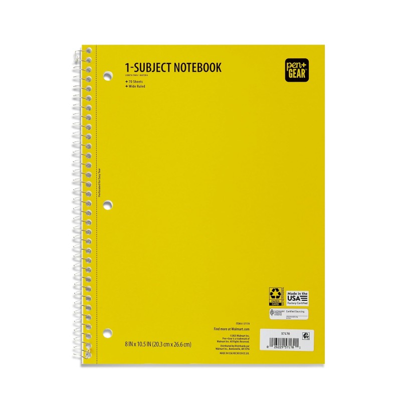 Pen+Gear 1 Subject Spiral Notebook Yellow Wide Ruled 70 Sheet