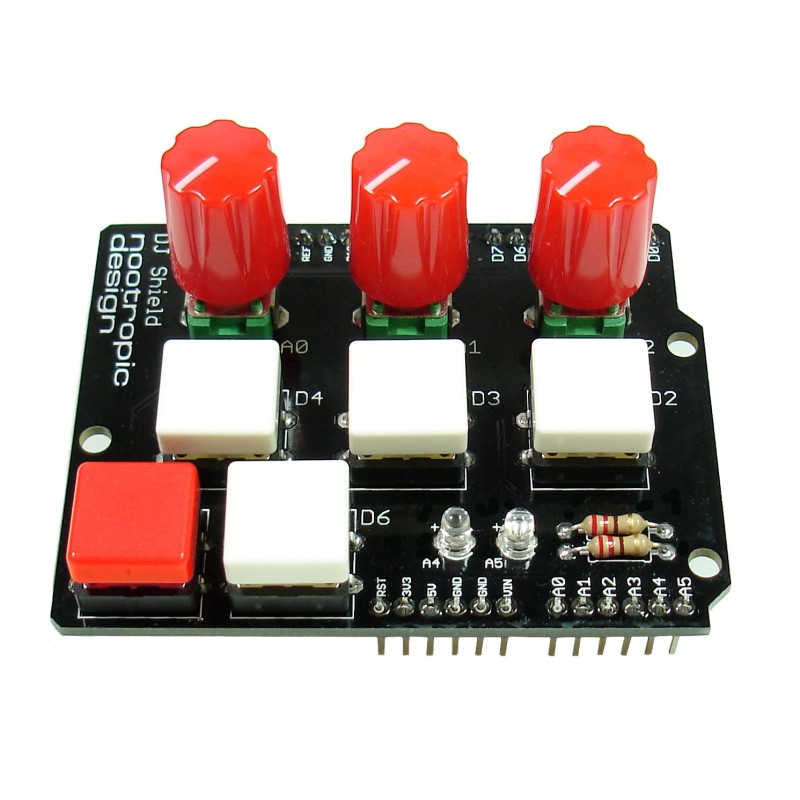 DJ Shield Kit for Arduino: 5 Buttons, 3 Pots & 2 LEDs