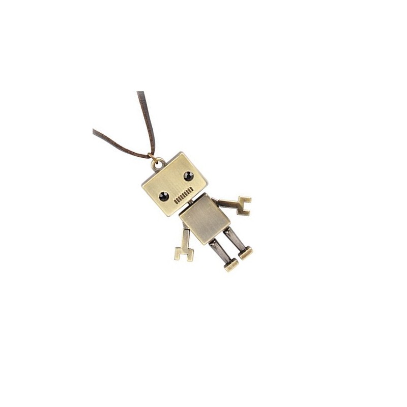Bronze Robot Necklace with Black Gem Eyes & PU Leather Chain
