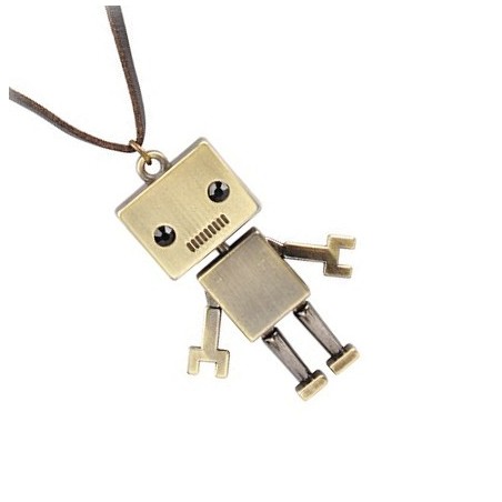 Bronze Robot Necklace with Black Gem Eyes & PU Leather Chain