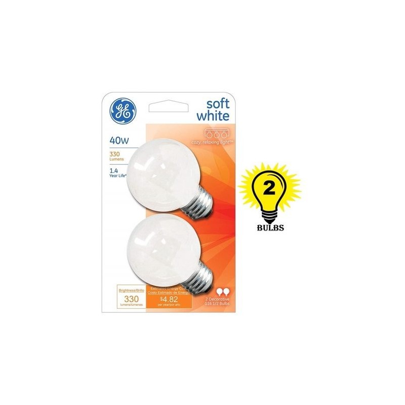 GE Soft White 40 Watt G16.5 Incandescent Globe 2-Pack