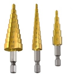 3Pcs High-Speed Steel Step Drill Bit Set, LepoHome Cone Titanium Coated Metal Hole Cutter 1/4" Hex Shank Drive Quick Change 4-1