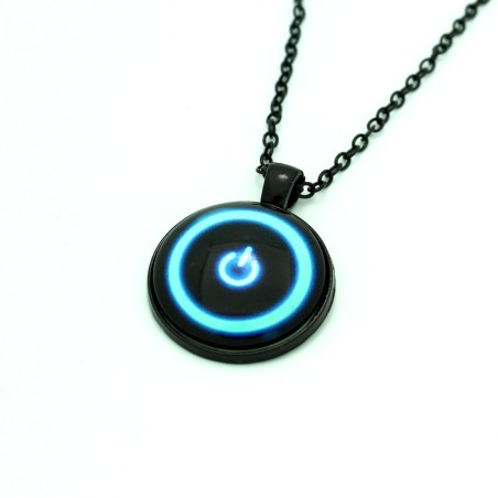Power Button Necklace Black Glass Pendant Metal Alloy Chain