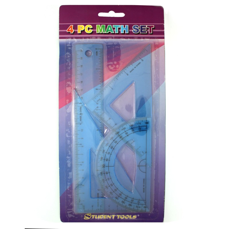 4 Piece Math Geometry Set: Linear Ruler, Set Squares, Protractor Clear Blue